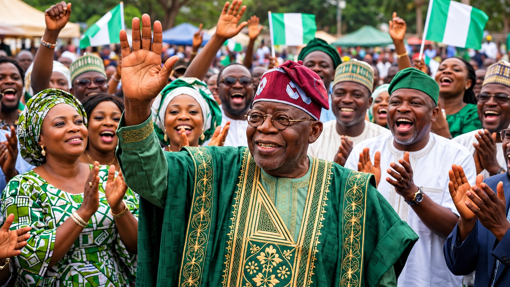 Illustration of Bola Ahmed Tinubu waving among people holding Nigerian flags
